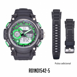 RELOJ  VIROX ANÁLOGO-DIGITAL DE HOMBRE NEGRO/VERDE PULSO ADICIONAL